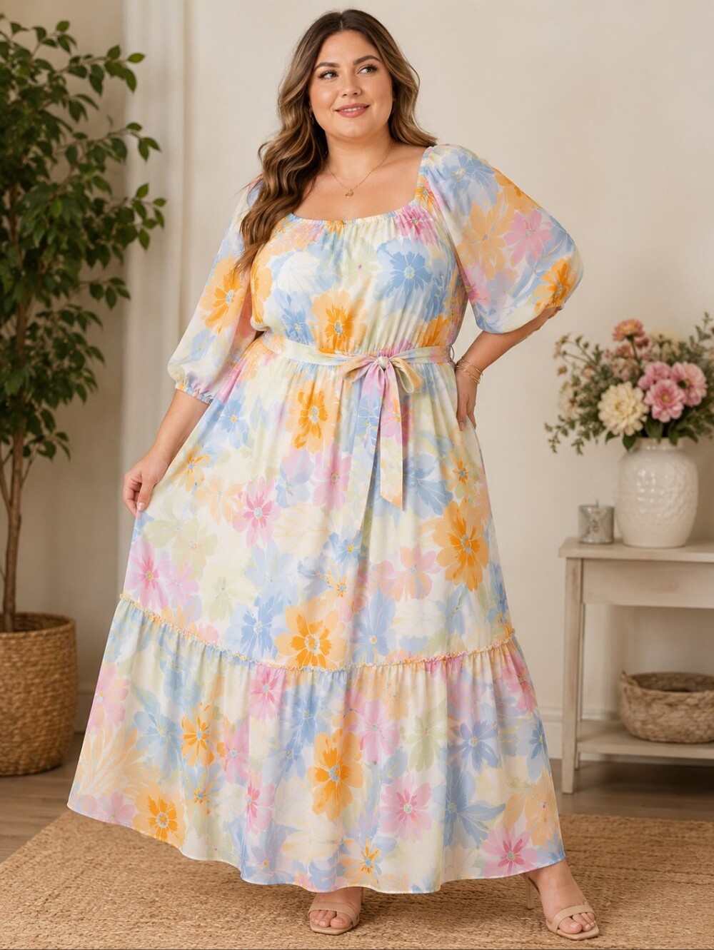 Lixology 3X Pastel Floral Puff Sleeve Maxi Dress Cottagecore Boho A-142